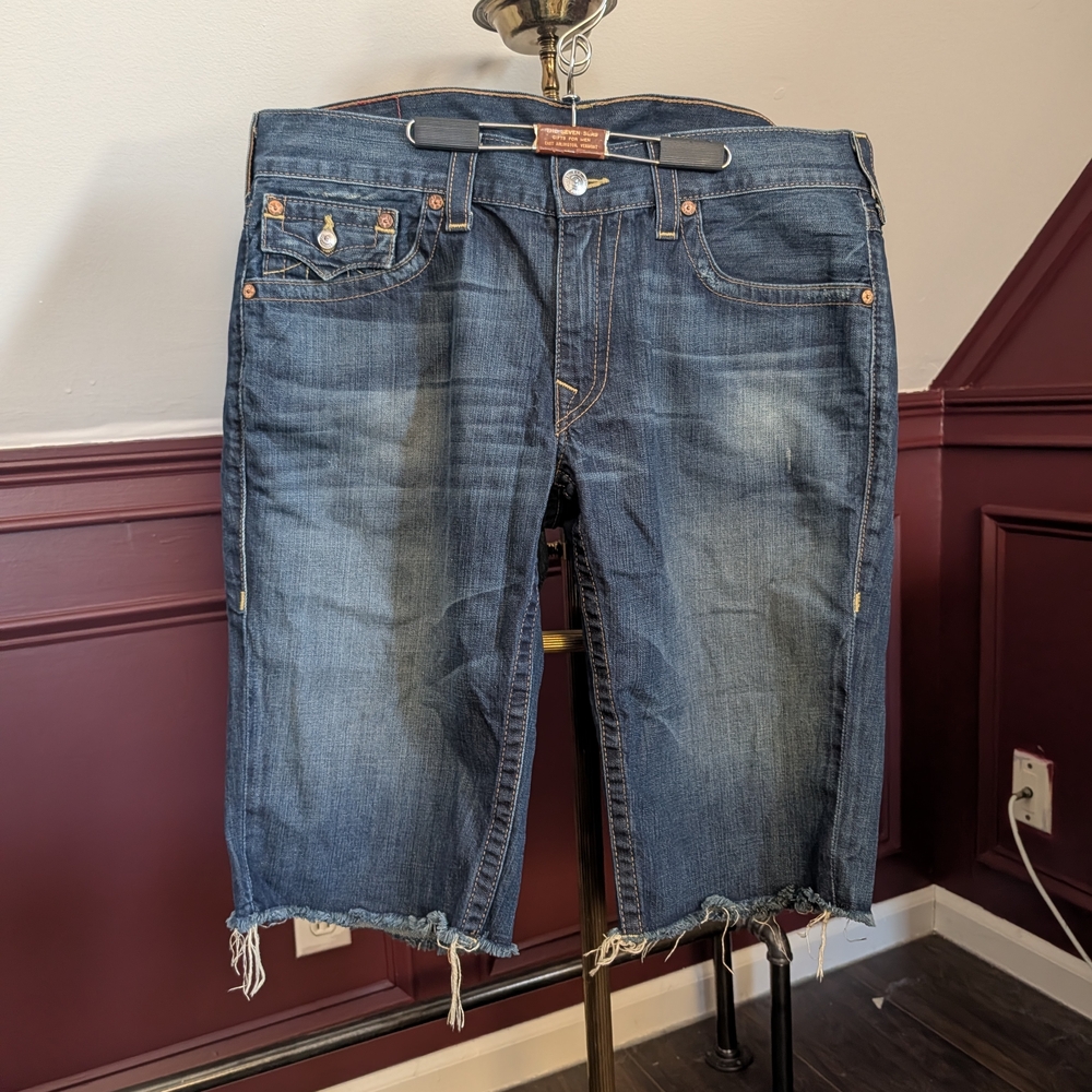 True Religion Vintage Made In USA Cutoff Blue Denim Jean Shorts Cotton Raw